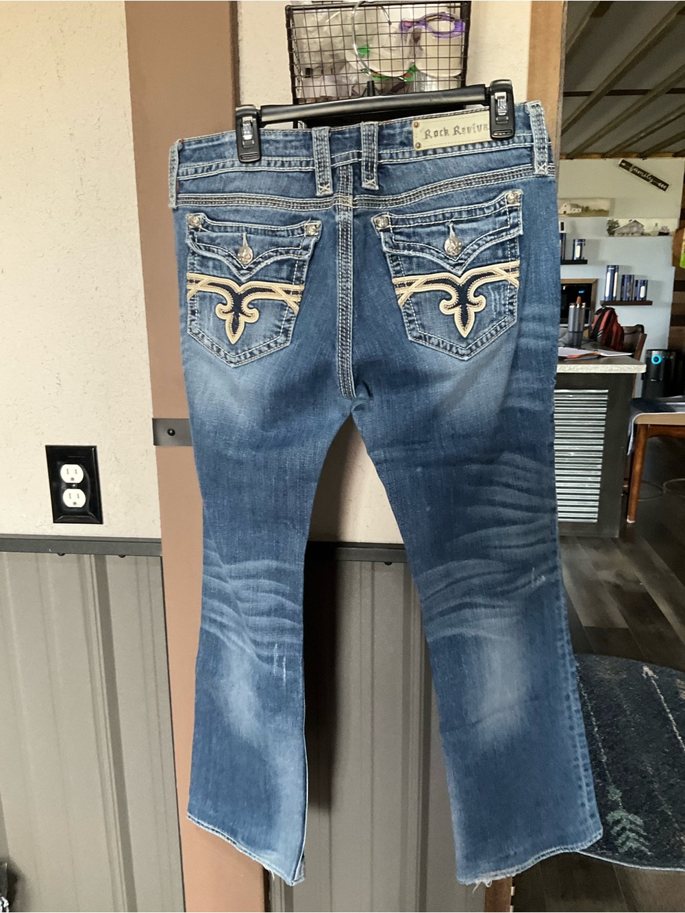 Rock Revival Blue Bootcut Jeans with Cream Embroidered Pockets